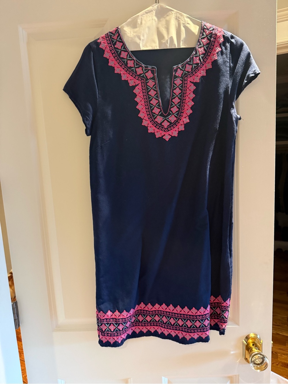 Vineyard Vines Navy Dress with Pink Embroidered Trim